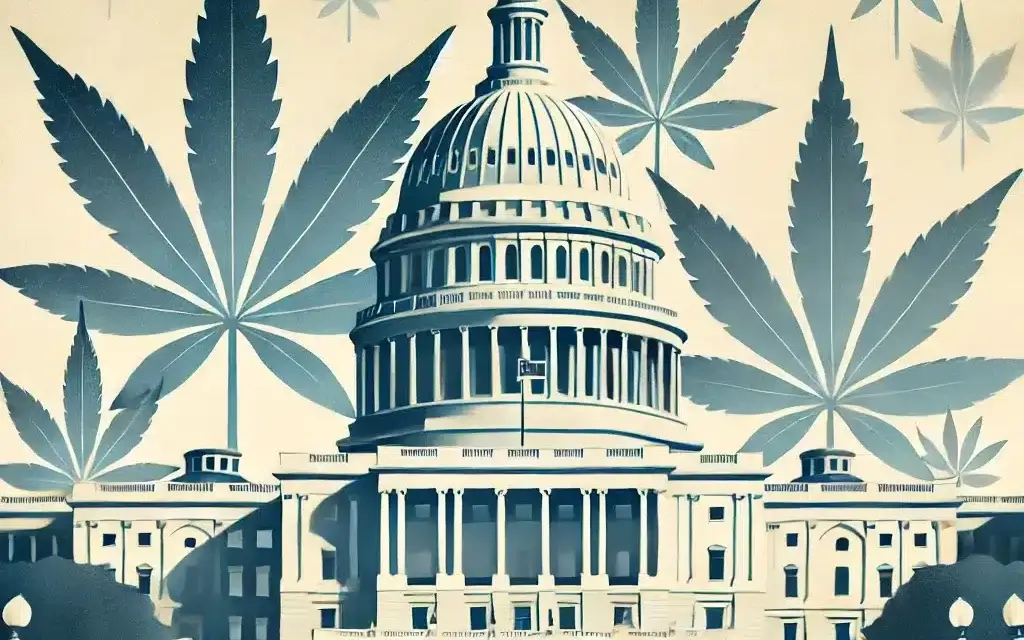 Election 2024 impacts on cannabis policy reform graphic: capitol with cannabis leaves