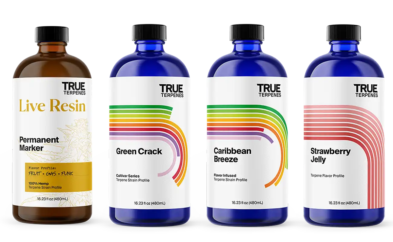 Bottles of True Terpenes products by category