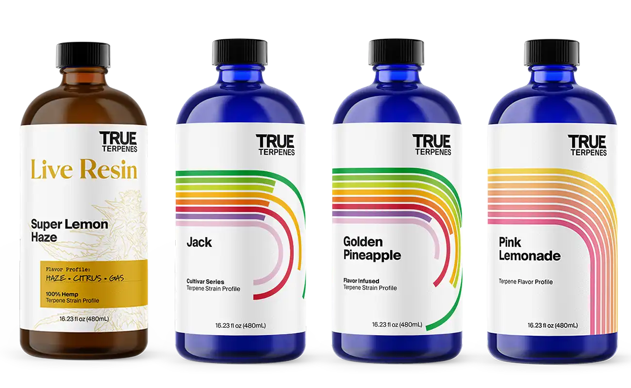 Bottles of True Terpenes products by category